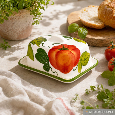 Handgemachte Butterdose aus Italienischer Keramik Tomate bemalt Größe 12x9 cm