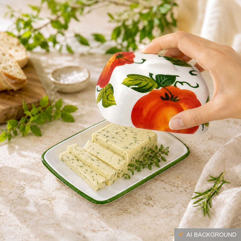 Handgemachte Butterdose aus Italienischer Keramik Tomate bemalt Größe 12x9 cm