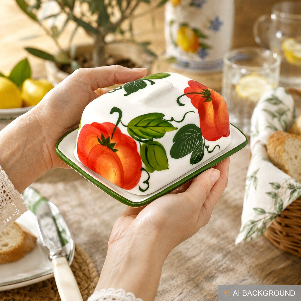 Handgemachte Butterdose aus Italienischer Keramik Tomate bemalt Größe 12x9 cm