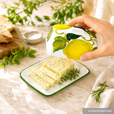 Handgemachte Kleine Butterdose aus Bemalter Italienischer Keramik im Zitronendesign, Butterglocke Größe 12x9 cm