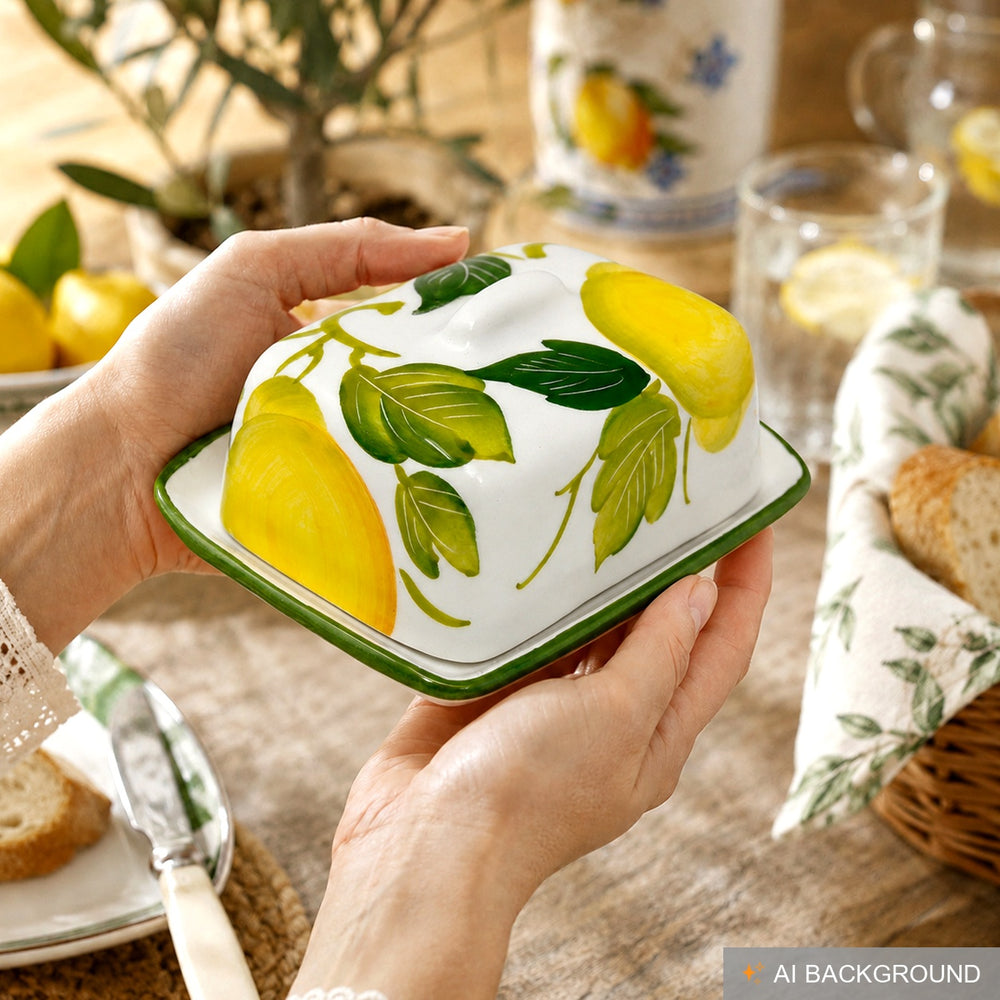 Handgemachte Kleine Butterdose aus Bemalter Italienischer Keramik im Zitronendesign, Butterglocke Größe 12x9 cm