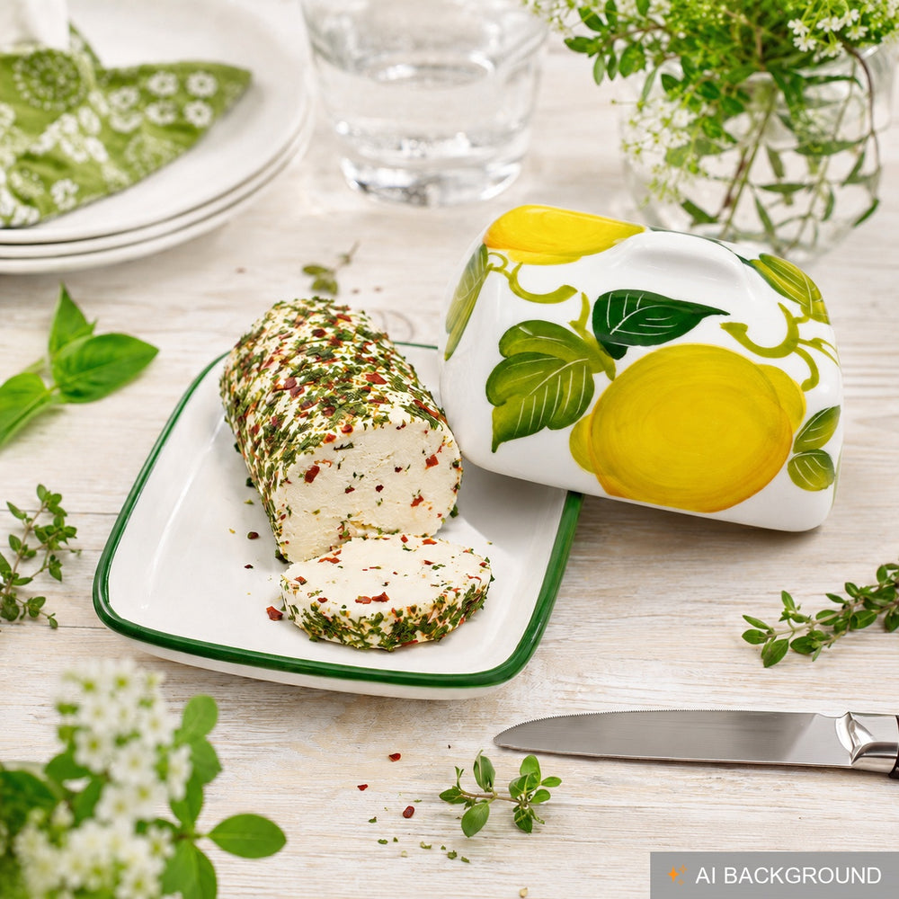 Handgemachte Kleine Butterdose aus Bemalter Italienischer Keramik im Zitronendesign, Butterglocke Größe 12x9 cm