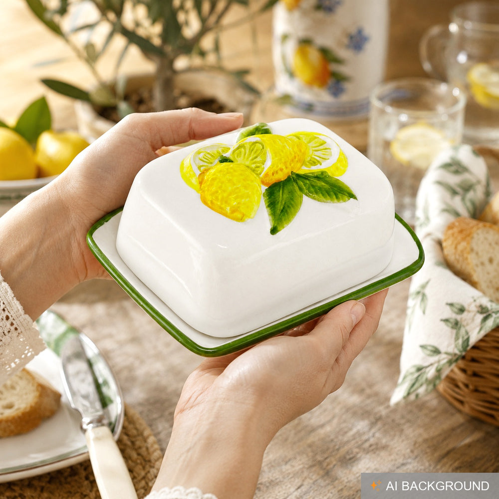 Handgemachte Butterdose aus Italienischer Keramik Zitronen Relief Größe 12x9 cm