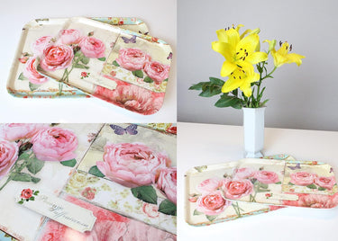 Kleines Getränketablett aus Melamin, Hochwertiges Desserttablett 31x23 cm, Tablett Muster: England Rosen