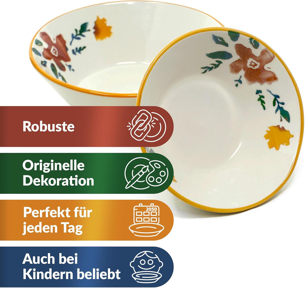2x Pastaschüsseln Keramik, Servierschale bunt Blütenfest 18 cm Ø, Suppenschale groß 23 cm Ø