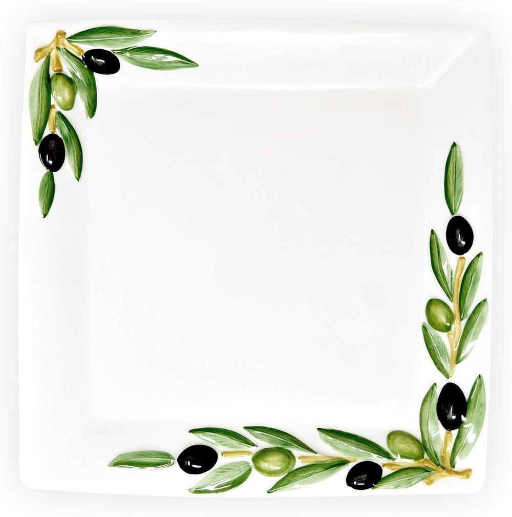 2er Set Handgemachte Keramik, Oliven Servierplatte 27 x 27 cm und Löffelablage aus Italienischer Keramik