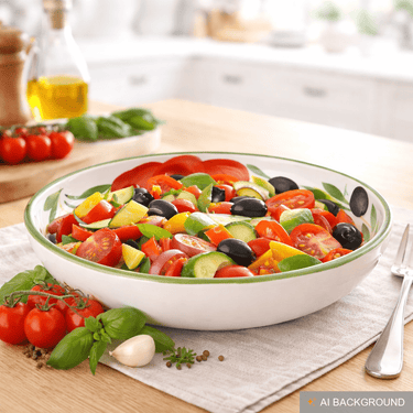 Flache Nudelschüssel aus Italienischer Keramik, Servierschale Tomaten - Oliven Design, Runde Pastaschüssel 22 cm, Tief 3 cm