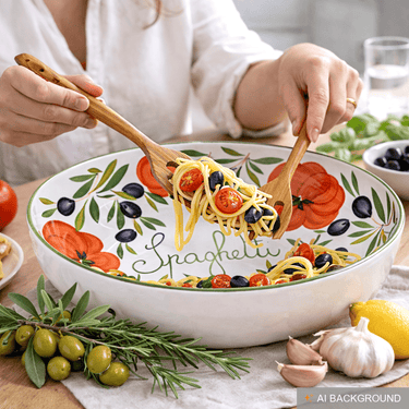 Handgemachte Nudelschale aus Italienischer Keramik im Tomatendesign, Runde Pastaschüssel 36 cm, 9 cm tief
