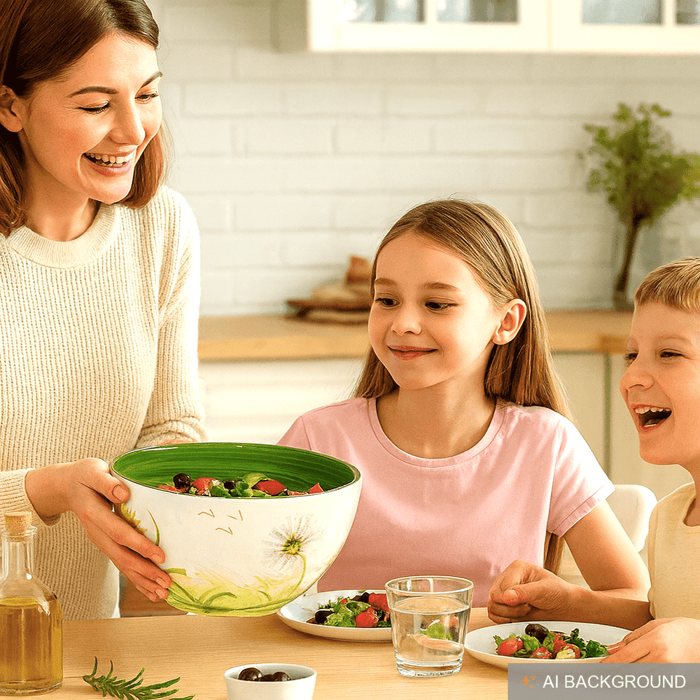 Servierschüssel Keramik Motiv: Pusteblume, Obstschale rund 26 cm, Italienische Salatschüssel