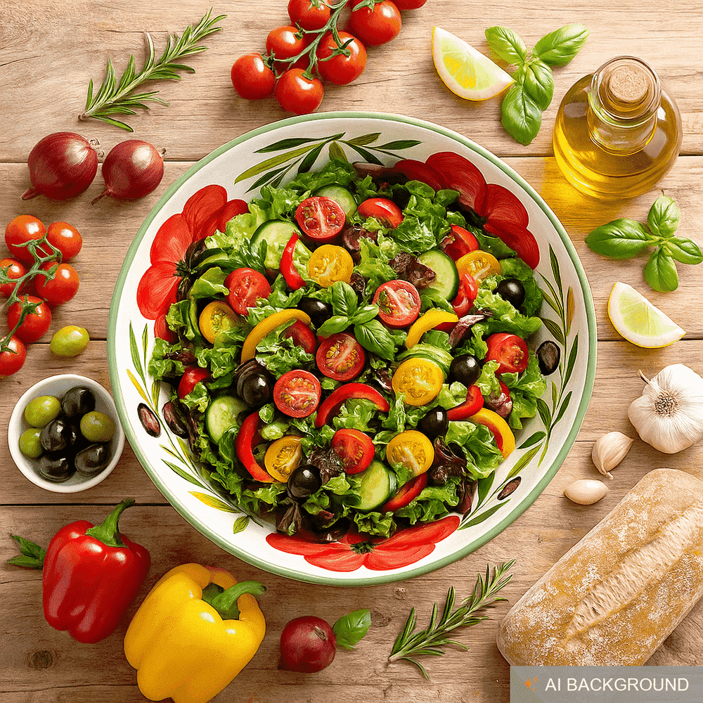 Servierschale rund 26 cm, Italienische Keramik Schüssel Tomate - Olive, Große Salatschale handgefertigt