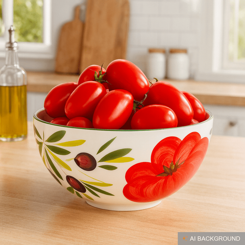 Servierschale rund 26 cm, Italienische Keramik Schüssel Tomate - Olive, Große Salatschale handgefertigt