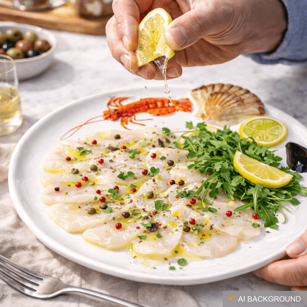 Handgemachter Platzteller aus Italienischer Keramik im Meeresfrüchte Design, Runder Fischteller 25 cm
