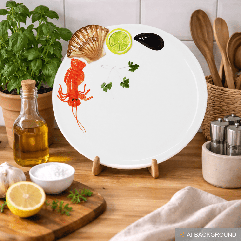 Handgemachter Platzteller aus Italienischer Keramik im Meeresfrüchte Design, Runder Fischteller 25 cm
