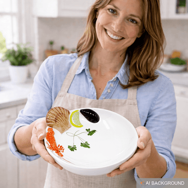 Handgemachter Suppenteller aus Italienischer Keramik im Meeresfrüchte Design, Tiefer Teller 22 cm, 5 cm tief
