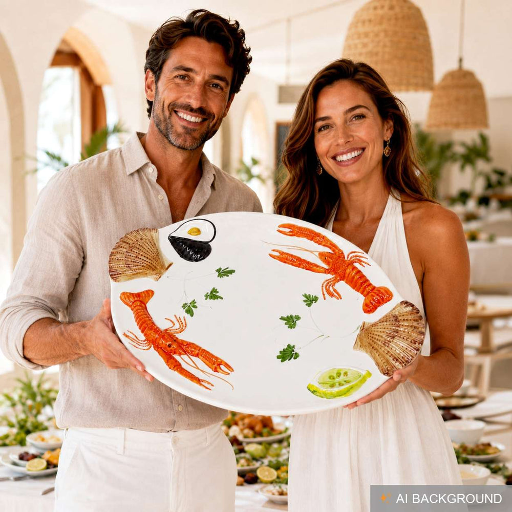 Handgemachte Ovale Servierplatte aus Italienischer Keramik im Meeresfrüchtedesign, Großer Servierteller 50x32 cm