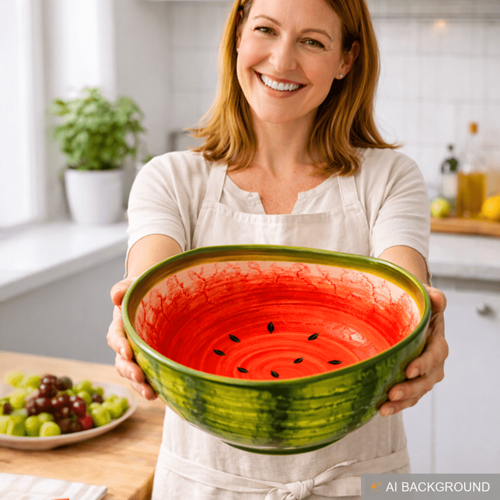 Handgemachte Obstschale Melone, Servierschale aus Italienischer Keramik in Melonenoptik, Runde Salatschüssel 24 cm