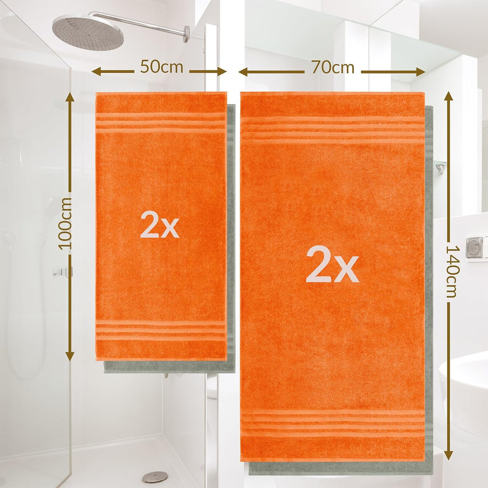 Handtuch Set Orange - Grau, 2x Duschtücher 70x140 cm und Handtücher 2x 50x100 cm