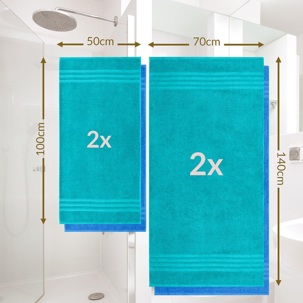 Handtuch Set Blau - Grün, 2x Duschtücher 70x140 cm und Handtücher 2x 50x100 cm