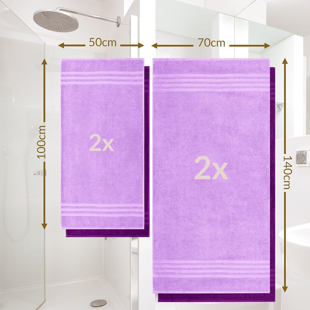 Handtuch Set Flieder - Aubergine, 2x Duschtücher 70x140 cm und Handtücher 2x 50x100 cm