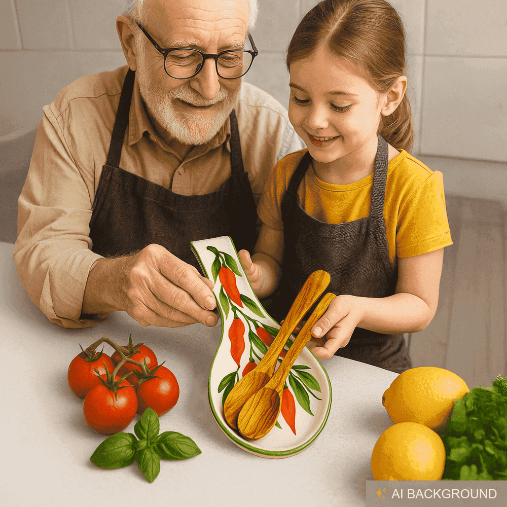 Handgemachte Löffelablage aus Italienischer Keramik, bemalt mit Peperoni