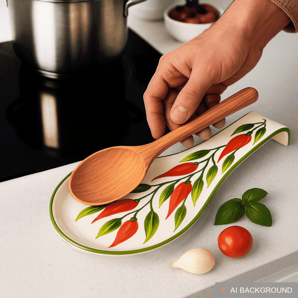 Handgemachte Löffelablage aus Italienischer Keramik, bemalt mit Peperoni