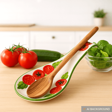 Handgemachte Löffelablage aus Italienischer Keramik, Reliefdekor im Tomaten Design