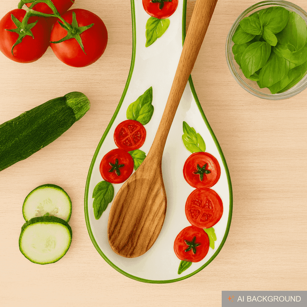 Handgemachte Löffelablage aus Italienischer Keramik, Reliefdekor im Tomaten Design