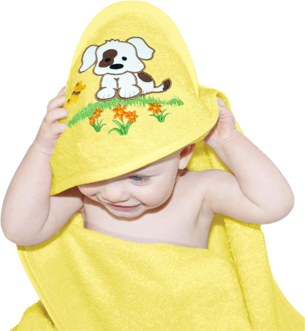 Baby Kapuzenhandtuch bestickt mit Hund und Wunschnamen Gelb 75x75 cm