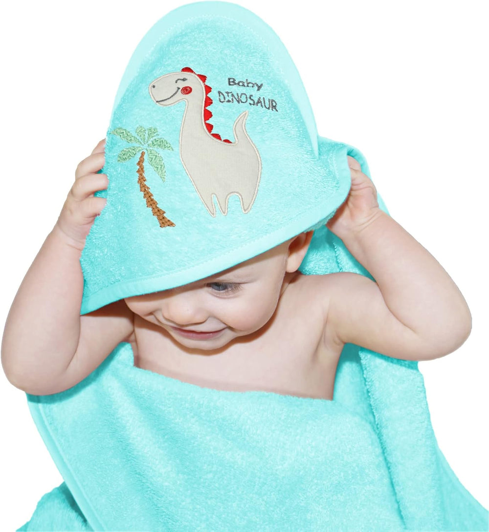 Baby Kapuzenhandtuch bestickt mit Dinosaurier und Wunschnamen Blau 75x75 cm