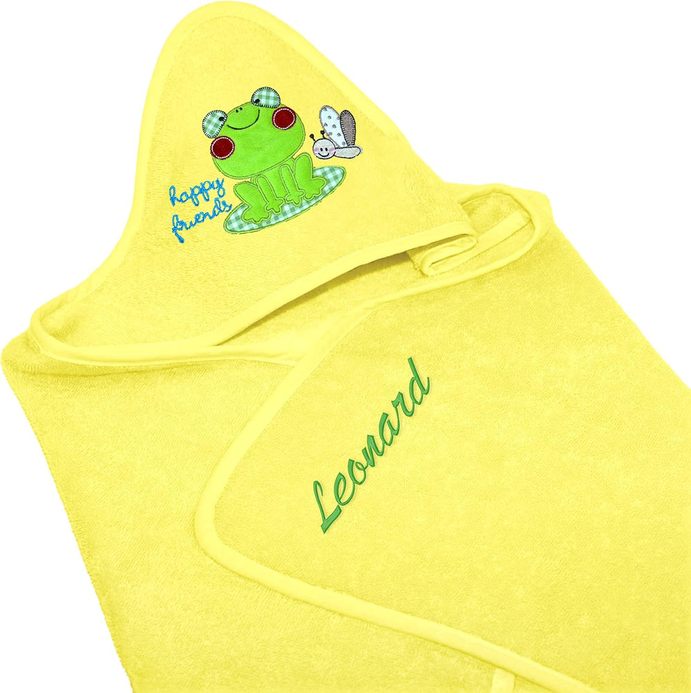 Baby Kapuzenhandtuch bestickt mit Frosch und Wunschnamen Gelb 75x75 cm