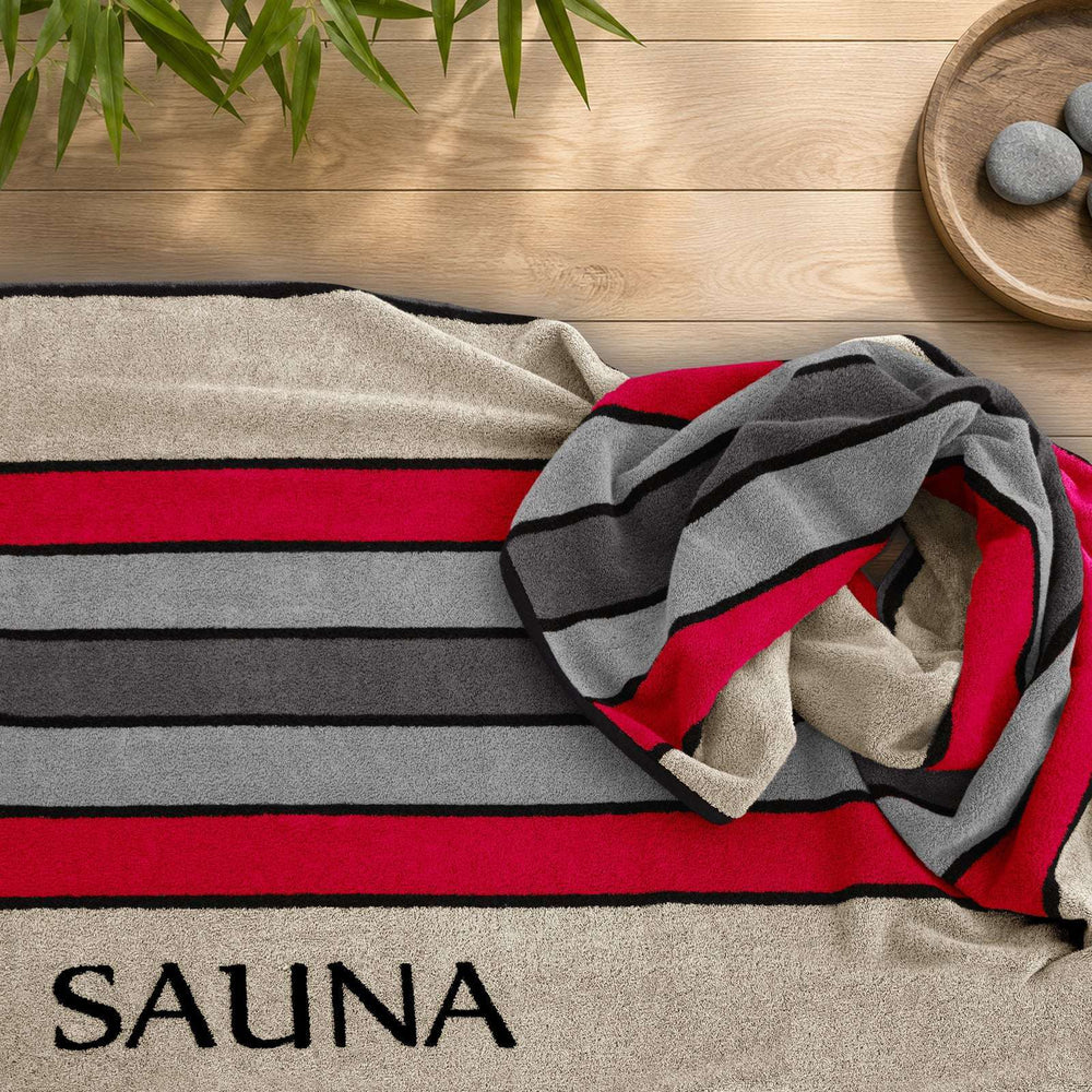 XL Premium Saunahandtuch 85x200 cm, Beige - Rot - Grau,