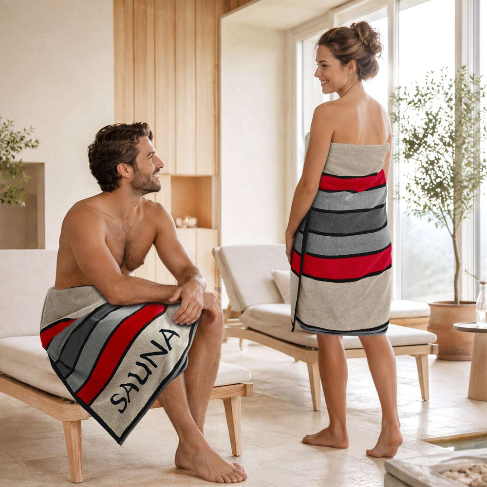 XL Premium Saunahandtuch 85x200 cm, Beige - Rot - Grau,