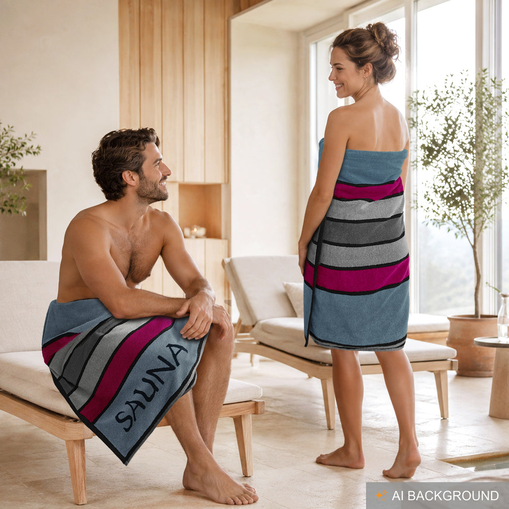 XL Premium Saunahandtuch 80x200 cm, Taubenblau - Fuchsia - Grau