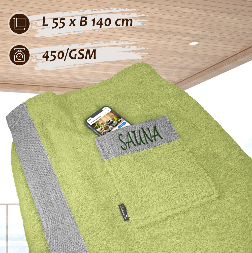 Saunakilt Herren 55x140 cm | Lima Saunahandtuch mit Klettverschluss Grün – Salbei