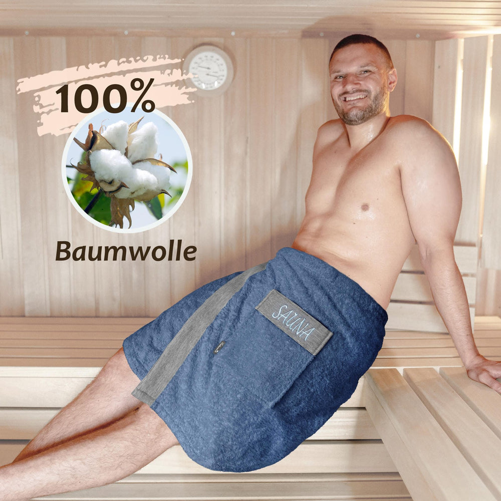 Saunakilt Herren 55x140 cm | Lima Saunahandtuch mit Klettverschluss Blau – Jeans