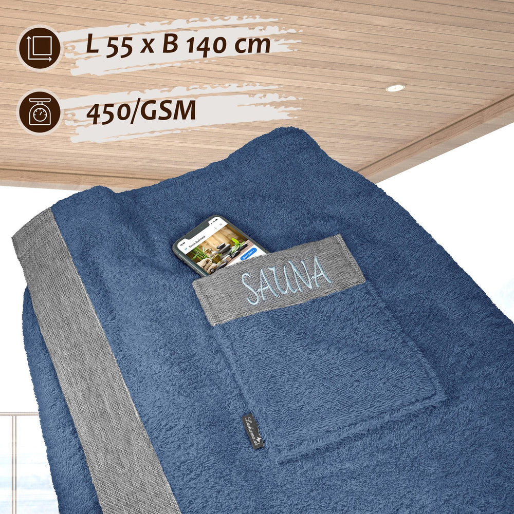Saunakilt Herren 55x140 cm | Lima Saunahandtuch mit Klettverschluss Blau – Jeans