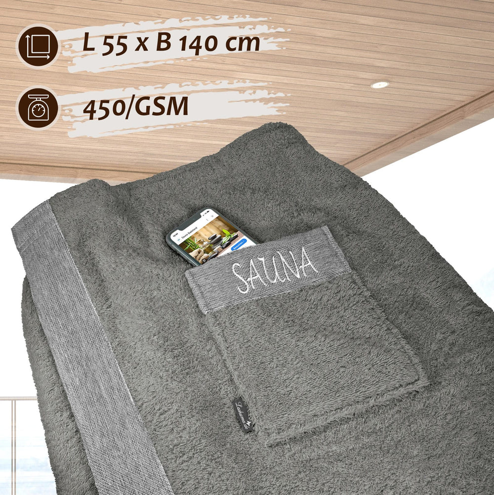Saunakilt Herren 55x140 cm | Lima Saunahandtuch mit Klettverschluss Grau - Dunkelgrau