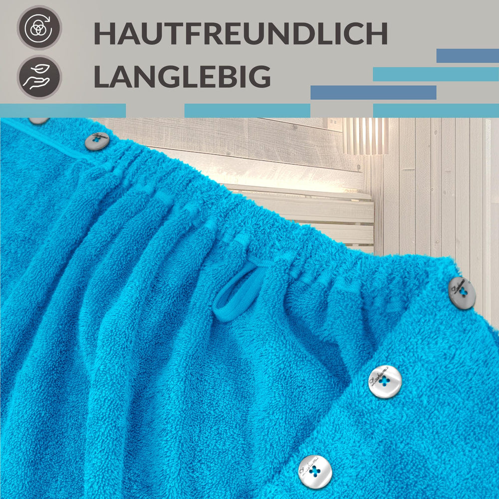 Saunakilt Damen 75x150 cm, Lugano Saunahandtuch mit Knöpfen Blau - Aquamarin