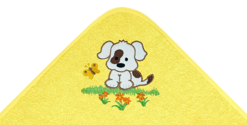 Baby Kapuzenhandtuch bestickt mit Hund - Gelb 75x75 cm