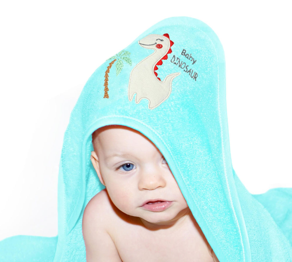 Baby Kapuzenhandtuch bestickt mit Dinosaurier - Blau 75x75 cm