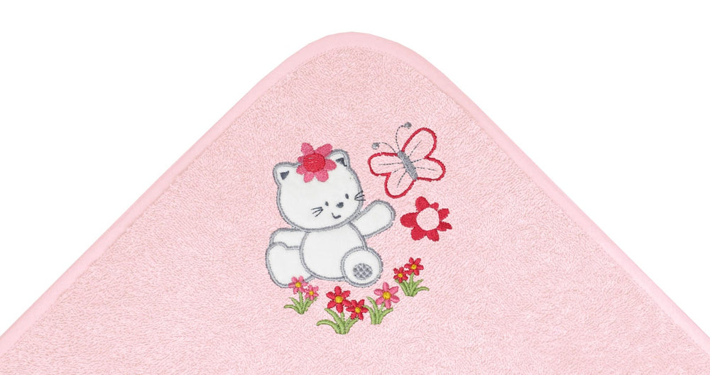 Baby Kapuzenhandtuch bestickt mit Katze - Rosa 75x75 cm
