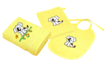 3er Set Baby Geschenkset für Mädchen und Jungen bestickt mit Hund - Gelb