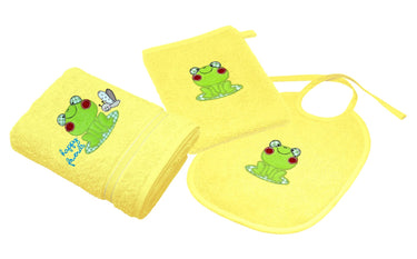 3er Set Baby Geschenkset für Mädchen und Jungen bestickt mit Frosch - Gelb