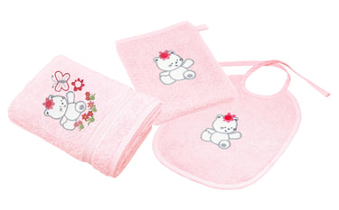 3er Set Baby Geschenkset für Mädchen und Jungen bestickt mit Katze - Rosa