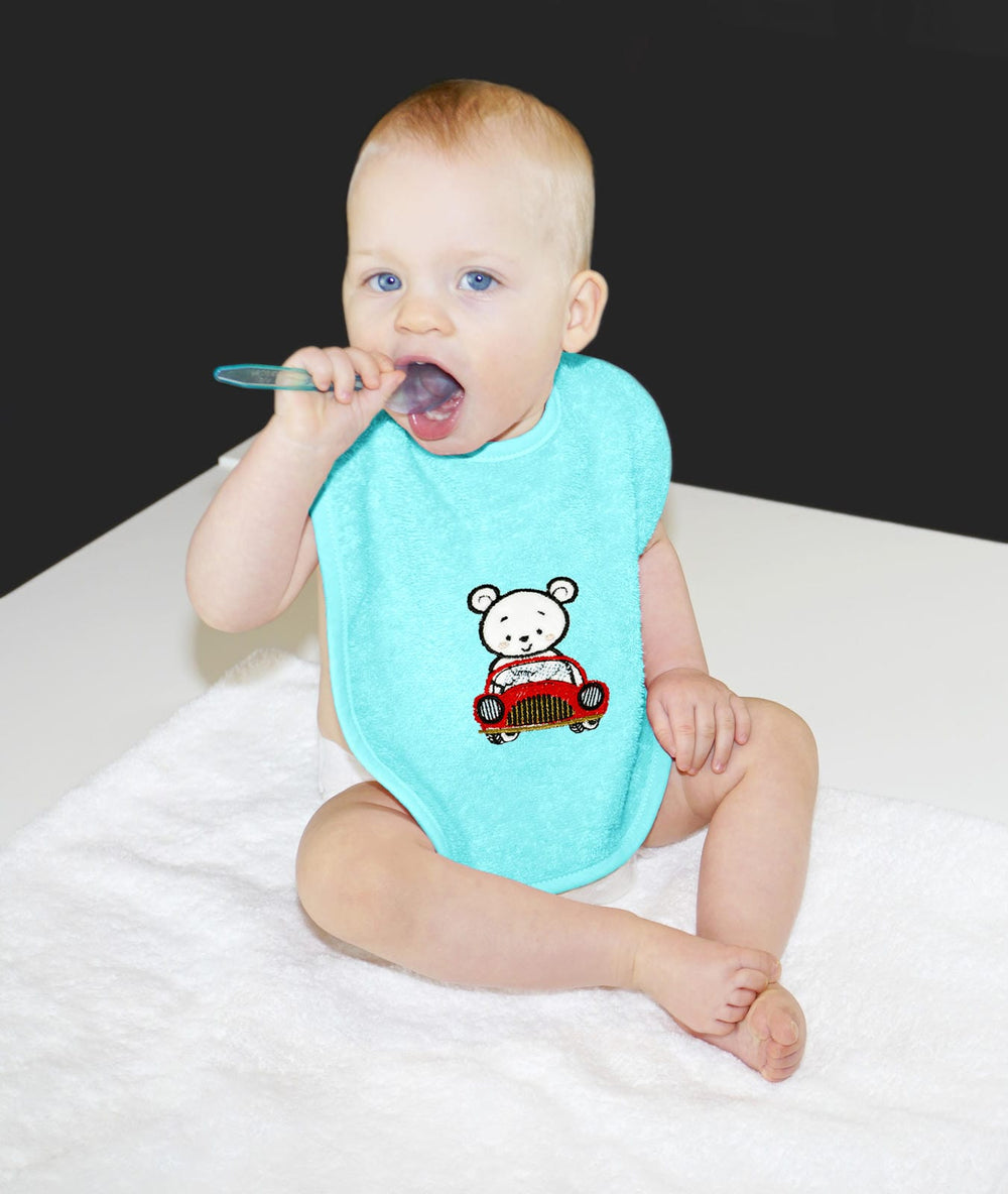 2er Set Baby Lätzchen für Mädchen und Jungen bestickt mit Auto - Blau 25x30 cm