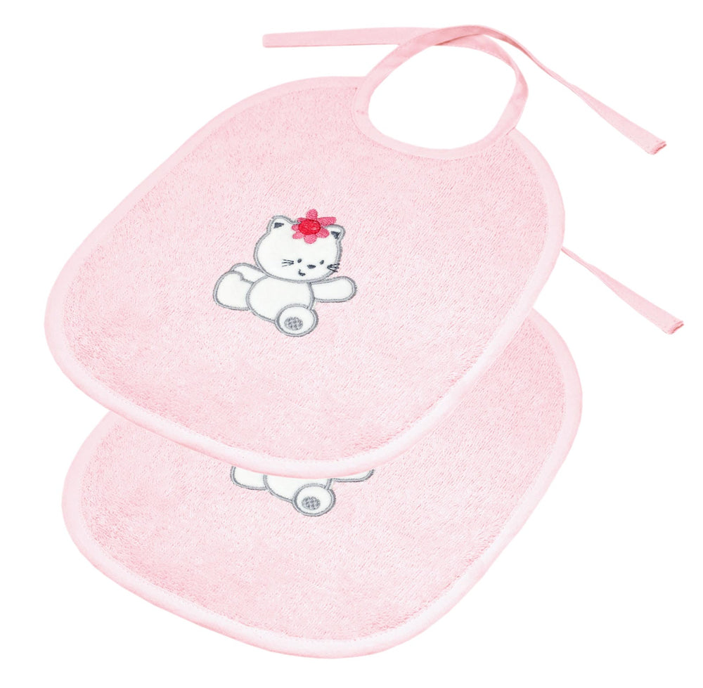 2er Set Baby Lätzchen für Mädchen und Jungen bestickt mit Katze - Rosa 25x30 cm
