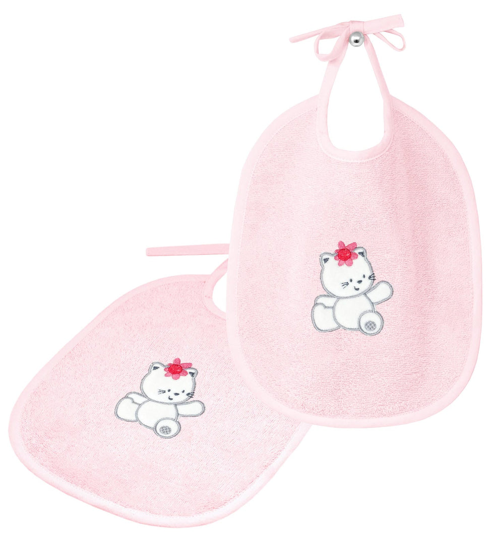 2er Set Baby Lätzchen für Mädchen und Jungen bestickt mit Katze - Rosa 25x30 cm