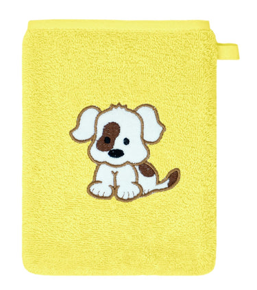 2er Set Baby Waschhandschuhe bestickt mit Hund - Gelb 15x21 cm