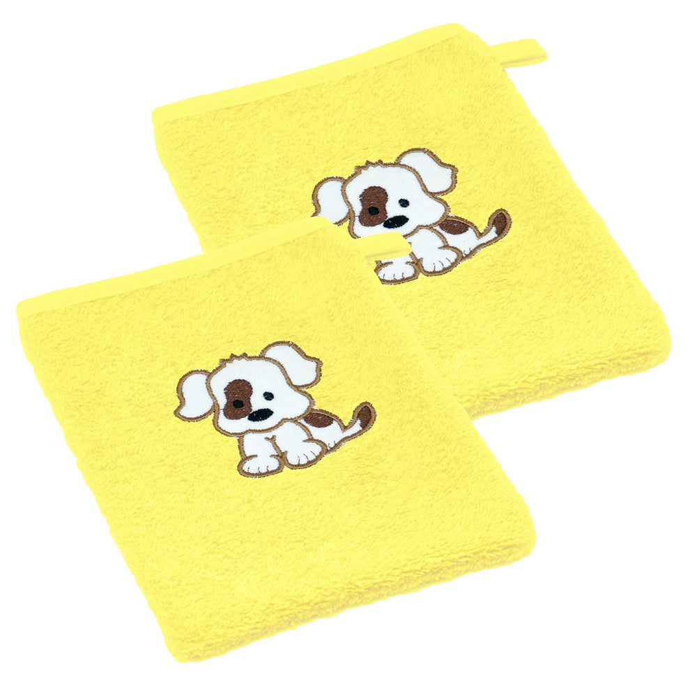 2er Set Baby Waschhandschuhe bestickt mit Hund - Gelb 15x21 cm
