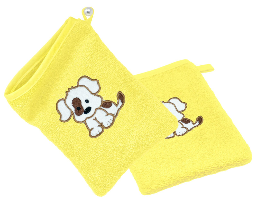 2er Set Baby Waschhandschuhe bestickt mit Hund - Gelb 15x21 cm